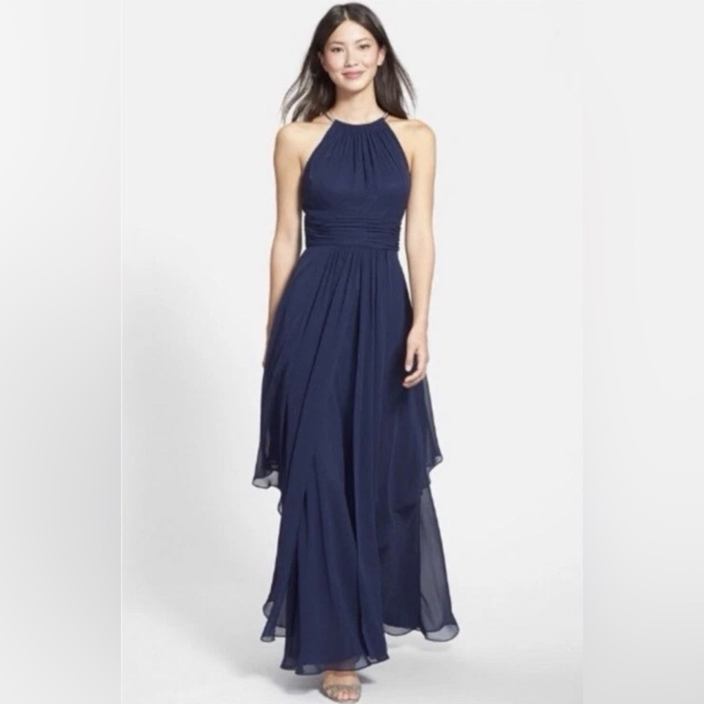 Eliza J Layered Gold Chain High Neck Maxi Gown